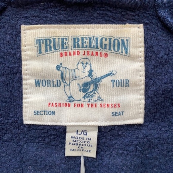 True Religion Y2K Branded Stencil Raglan Hoodie Navy Blue Bling Logo Size L - Picture 5 of 14